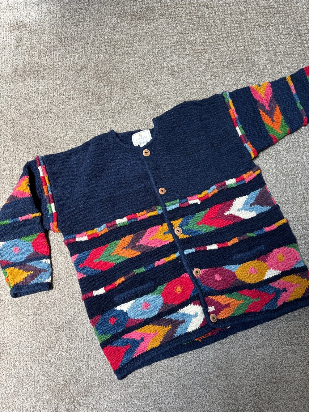 VTG Express Tricot HandKnit Wool Cardigan Sweater Chunky Colorful Geometric Boho - Picture 9 of 16